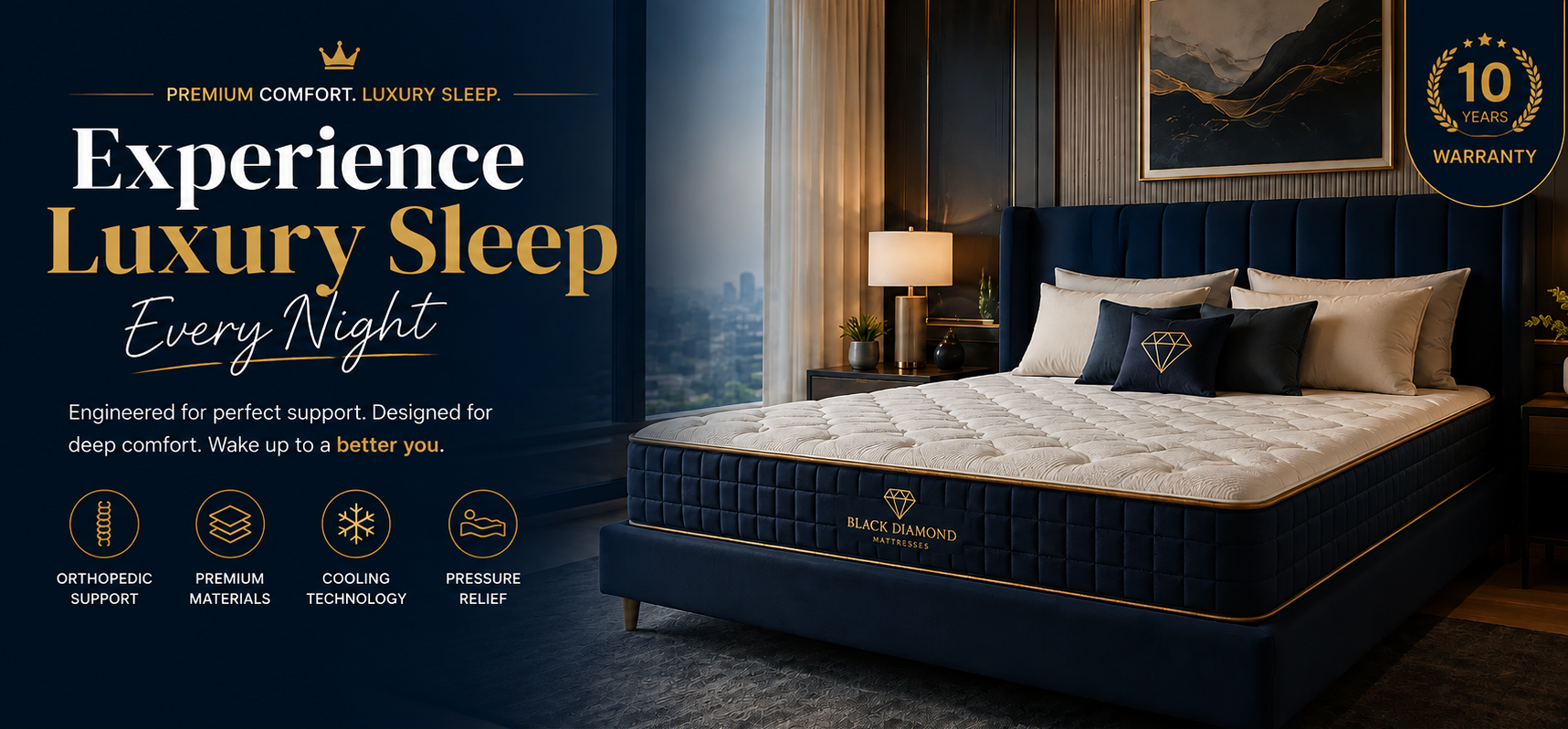 Black Diamond luxury mattress in a premium navy and gold bedroom setting