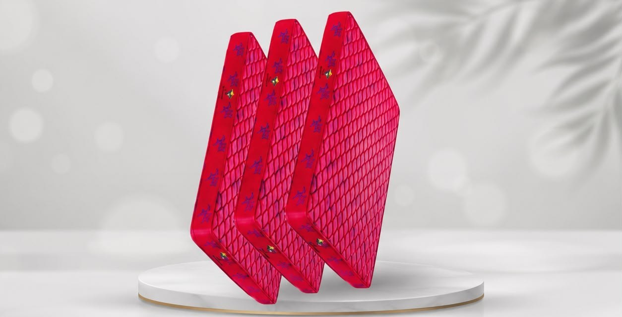 Black Diamond Flaxi mattress — quilted pink-red finish, three-piece display